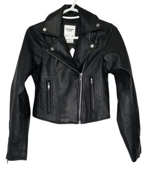 Abercrombie and Fitch Vegan Leather Moto Biker Jacket Black Womens Size XS New